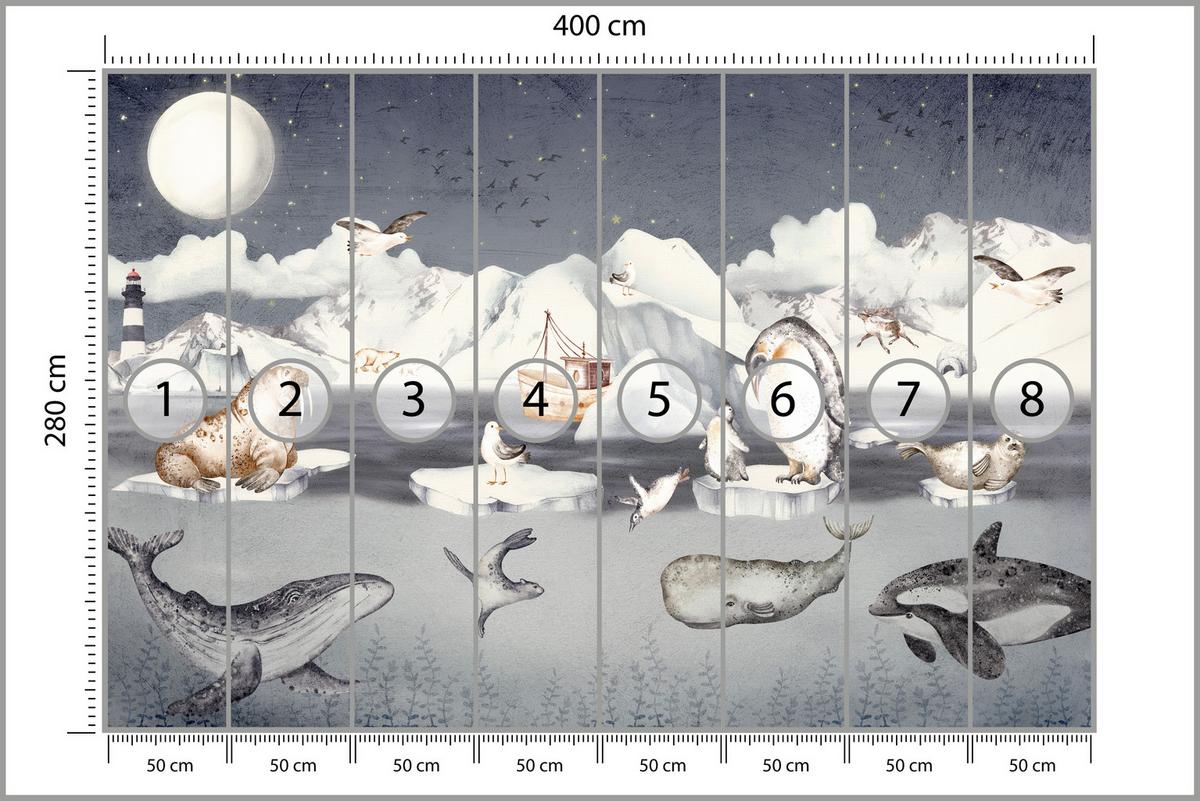 FOTOTAPETE für Kinderzimmer Arktische Tiere Pinguine Robben Mond Gebirge 400x280 - Orange/Weiß, Papier (400/280cm) - Muralo
