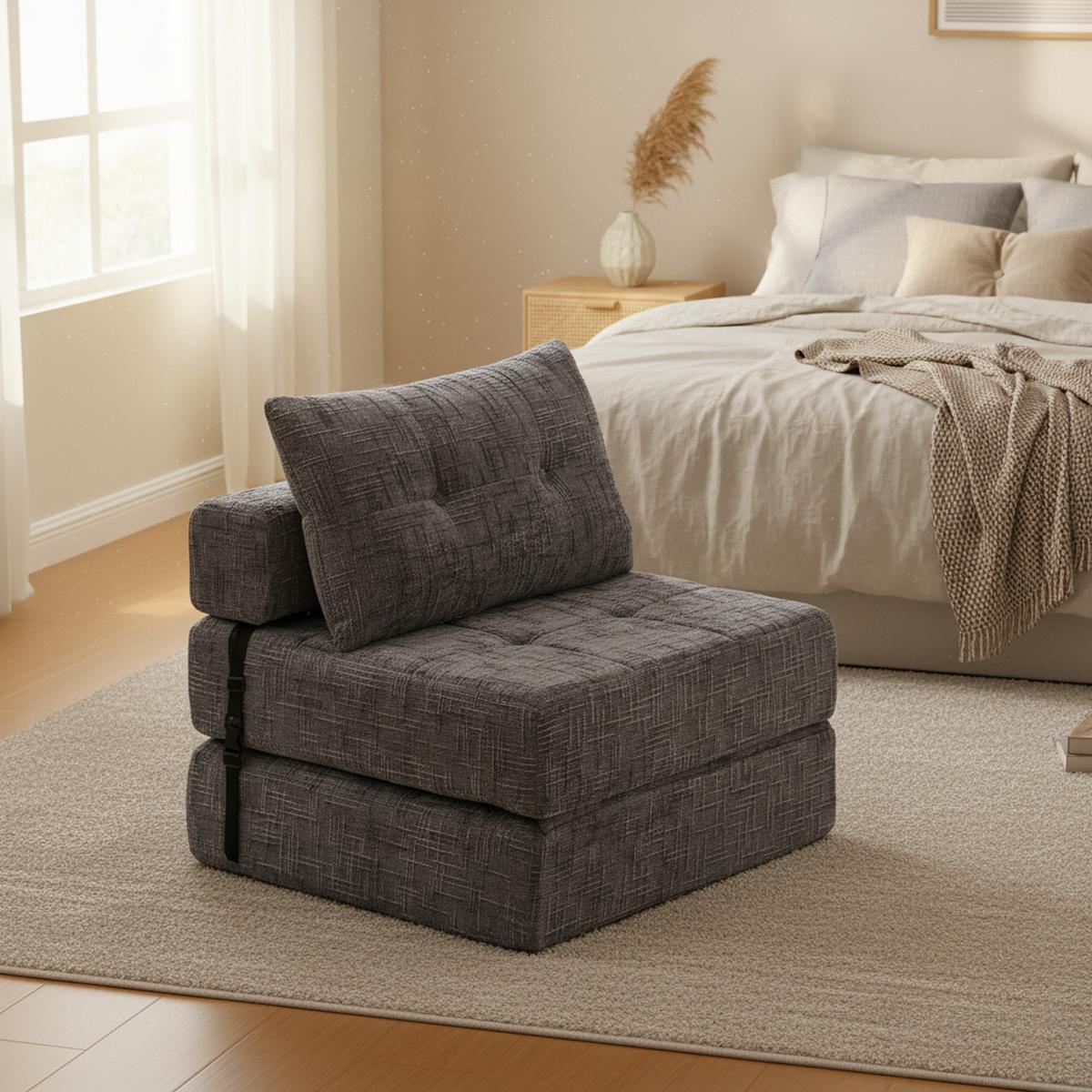 KLAPPBARER Chenille-Sessel mit Kissen, 79 x 79 x 57 cm, Grau - Grau, Textil (79/57/79cm) - Urban Meuble