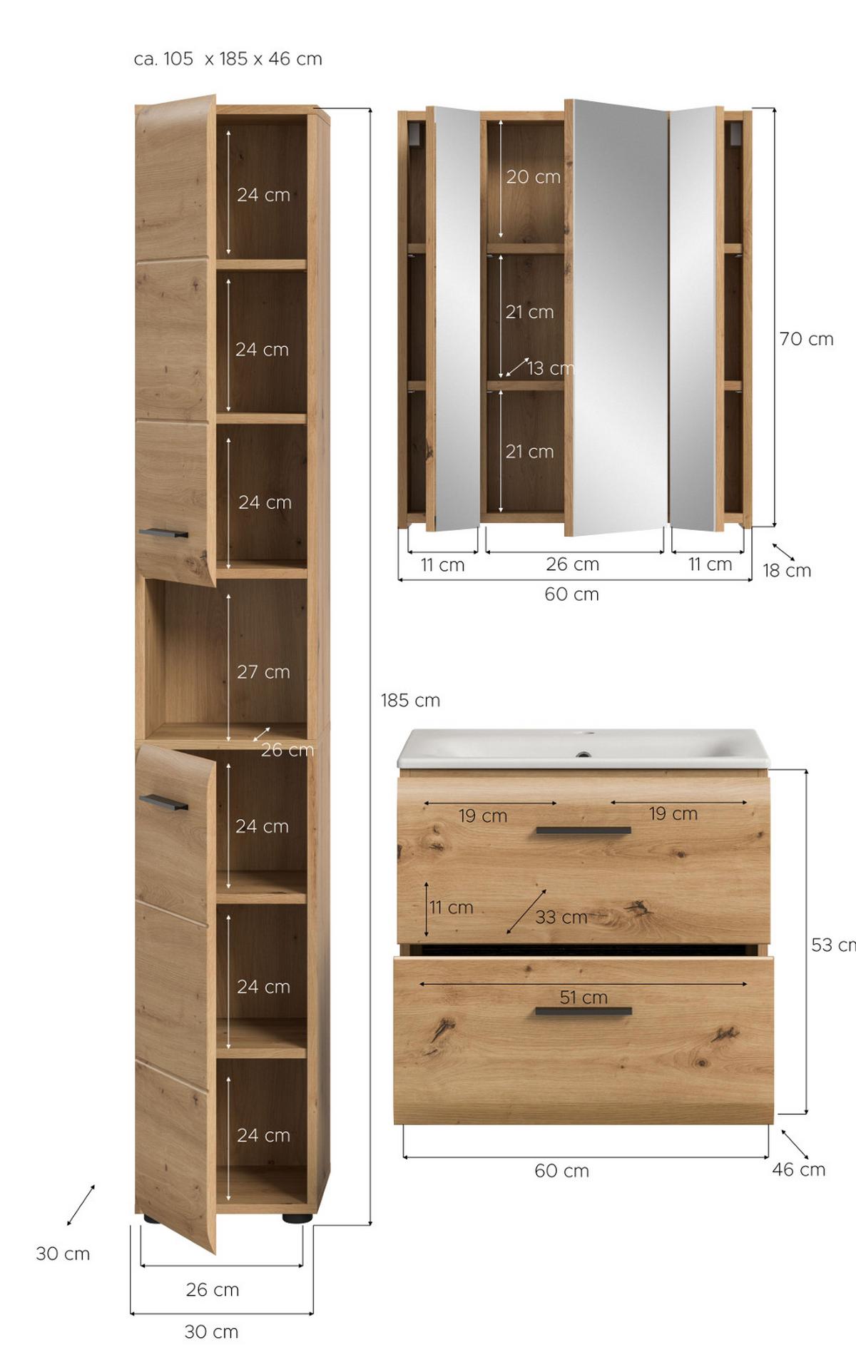 BADMÖBEL SET 3-teilig in Eiche Artisan, Bad Komplett-Set inkl. Waschbecken 105 x 185 cm - Schwarz/Eiche Artisan, Glas/Keramik (105/185/30cm) - Inn.Furn
