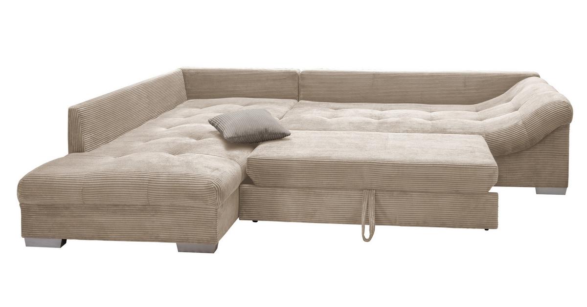 ECKSOFA mit Schlaffunktion, Wellenunterfederung, Ottomane links B298/T202/H84 cm, Liegefl. 154x227 cm, Cord Beige / 17204 - Beige/Silberfarben, Holzwerkstoff/Textil (298/202cm) - luma-home