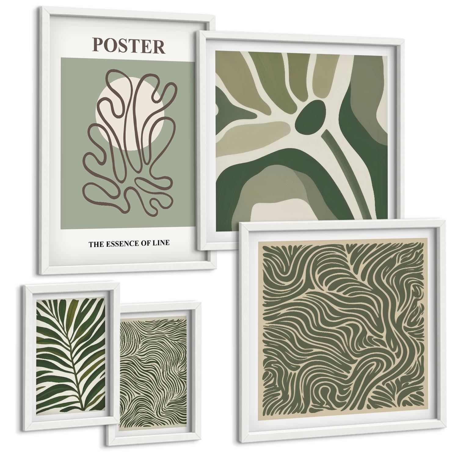 BILDER SET 5er Set - 50x50 cm & 20x30 cm & 40x60 cm Weißer Rahmen - Blattmuster und wellenförmige Formen - Weiß, Kunststoff (40/60cm) - TULUP
