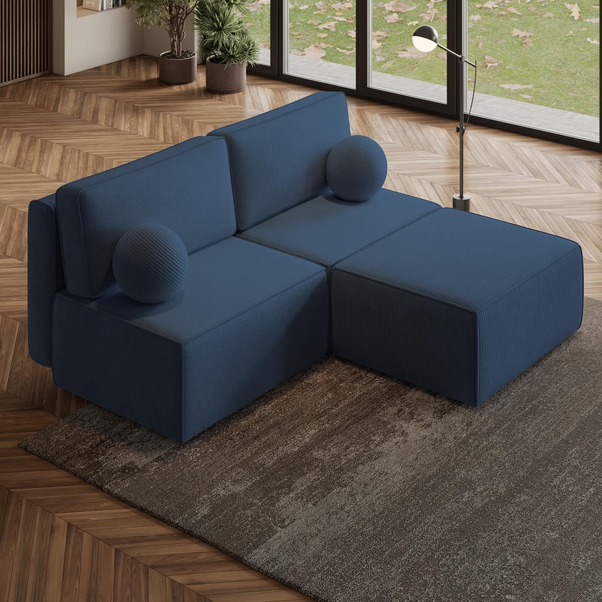 ECKSOFA VARNA P Blau Kordstoff mit Schlaffunktion - Blau/Grau, Holz/Kunststoff (196/158cm) - MASSENO
