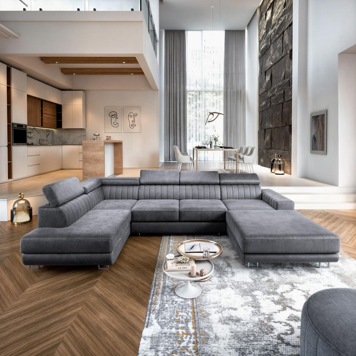 WOHNLANDSCHAFT SIENA R-S Grau Velours-Stoff mit Schlaffunktion - Silberfarben/Grau, Holz/Textil (335/89/190cm) - MASSENO
