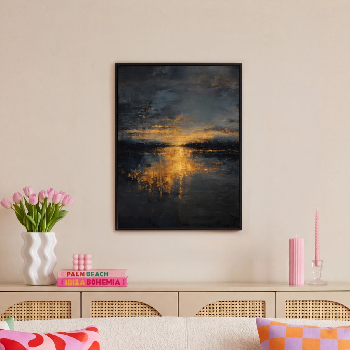 LEINWAND Bilder mit Rahmen - Goldene Reflexion auf dem Wasser - 50x70 - Anthrazit, Textil (50/70cm) - MuchoWow