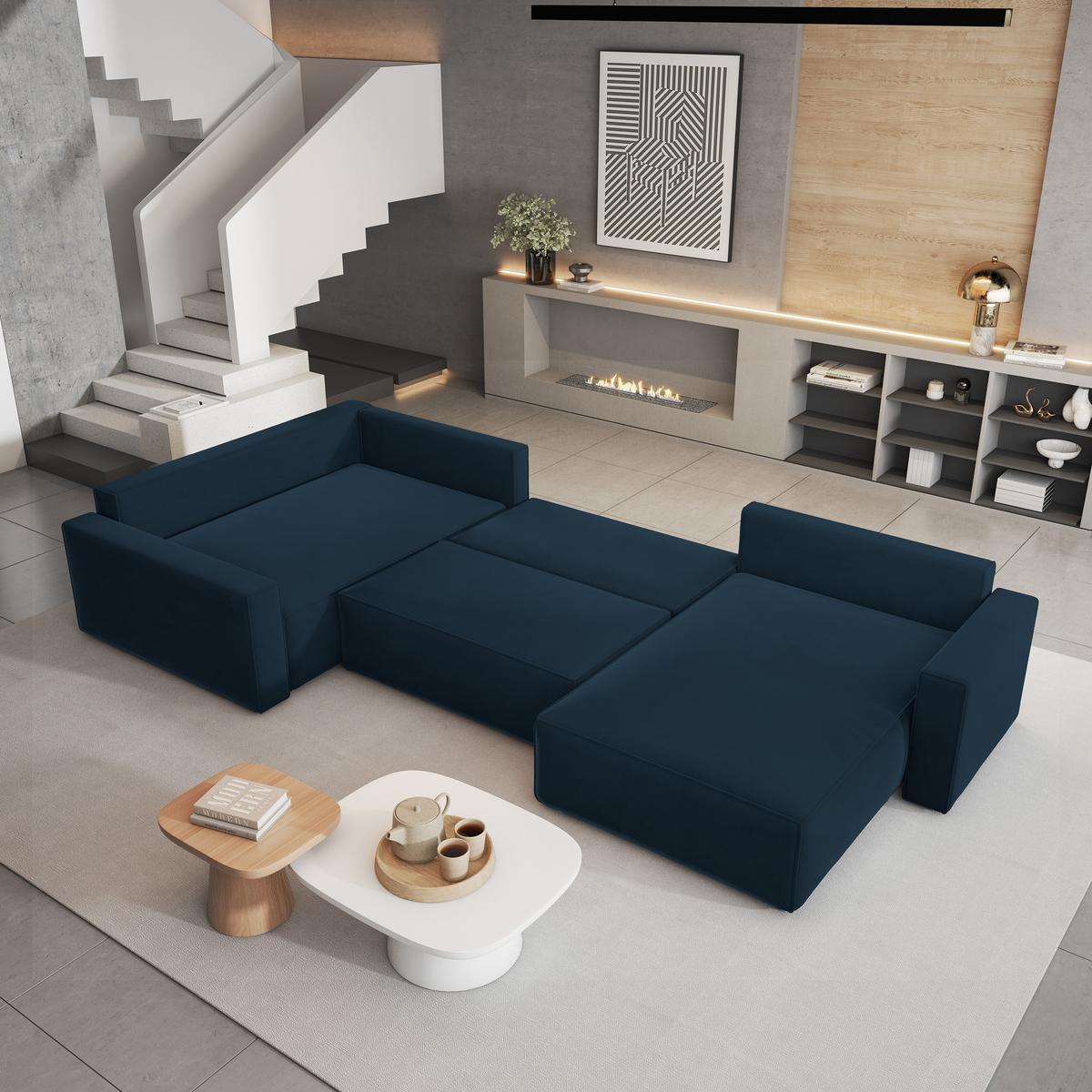 WOHNLANDSCHAFT VELAMI L-S Blau Velours-Stoff mit Schlaffunktion - Blau, Holz (365/83/194cm) - MASSENO