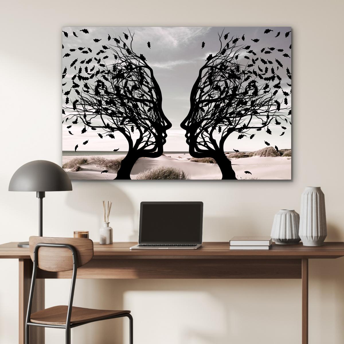 METALLBILD Strand - Meer - Menschen - Baum - Moderne Kunst Deko Groß 120x80 cm - Hellgrau, Metall (120/80cm) - MuchoWow