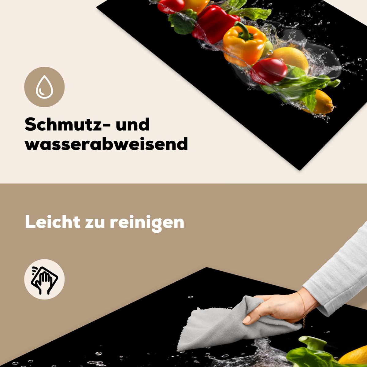 HERDABDECKPLATTE Paprika - Wasser - Gemüse - Schwarz Ceranfeldabdeckung 90x52 cm - Multicolor, Kunststoff (90/52/0.2cm) - MuchoWow