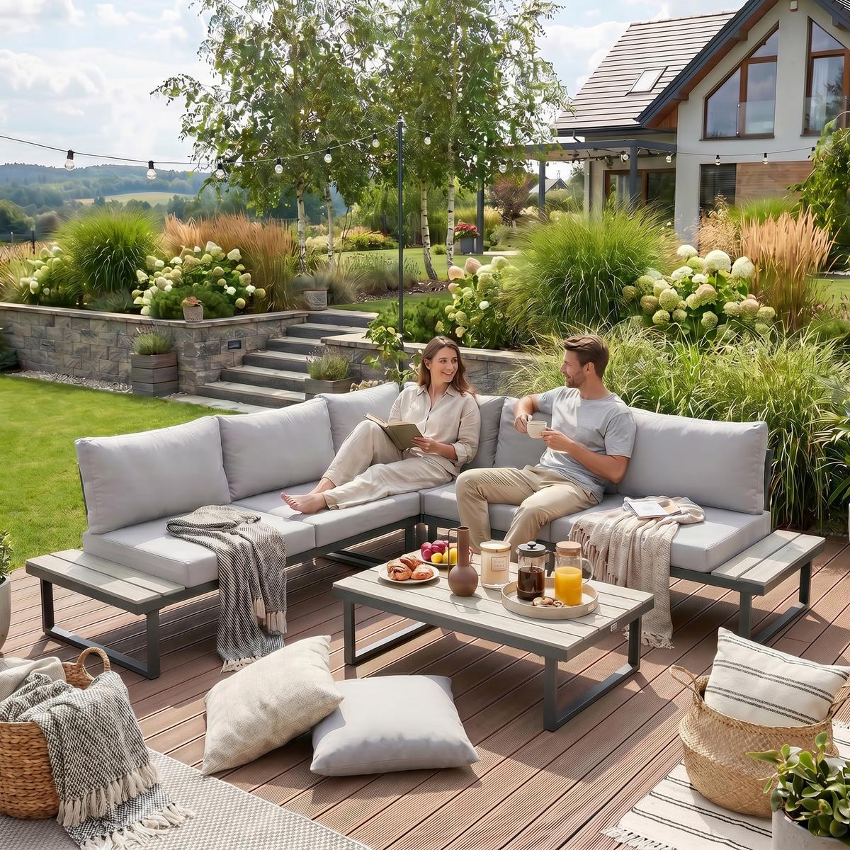 GARTENSET Madison mit Ecksofa und Kaffeetisch, Modulares Set, Metallbeine, Hellgrau - Hellgrau, Metall - Beautysofa