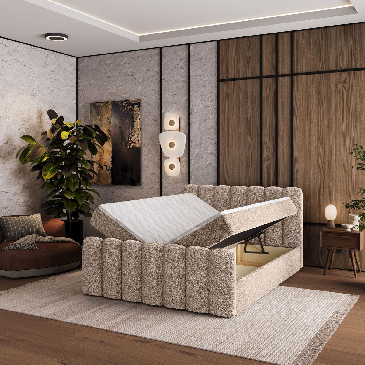 BOXBETT CELLA 140x200 cm mit Matratze und Topper - Beige - Beige, Holz (140/200cm) - MASSENO