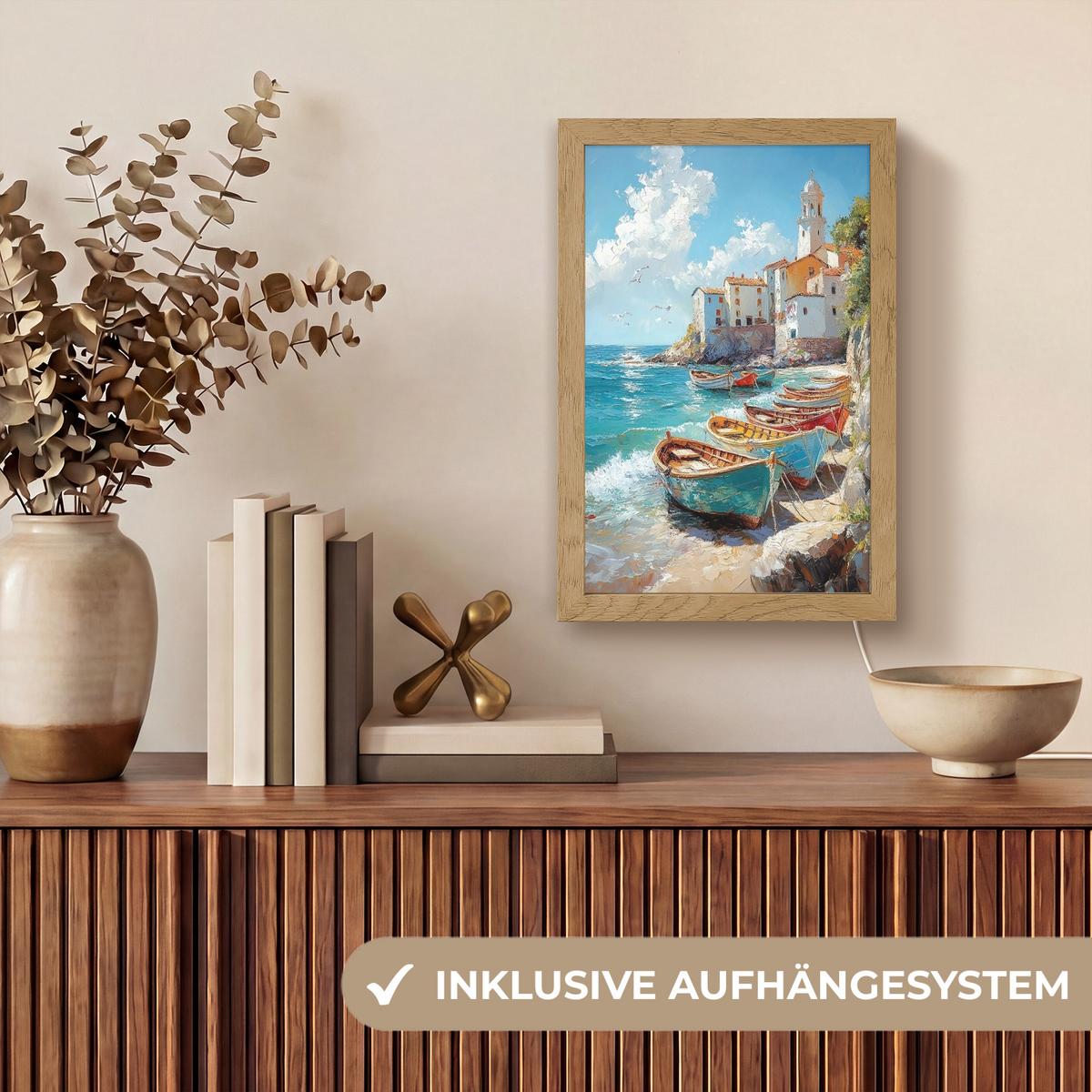 WANDLEUCHTE Boote - Felsen - Meer - Sonne 20x30 cm - Blau, Holzwerkstoff (20/30/8cm) - OnlyWow