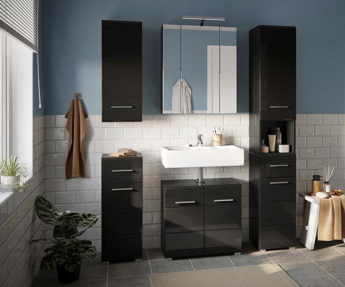 BADMÖBEL-SET in schwarz Hochglanz, 3-teilig 105 cm, Badkombination - Schwarz, Glas/Holzwerkstoff (105/182/34cm) - Inn.Furn
