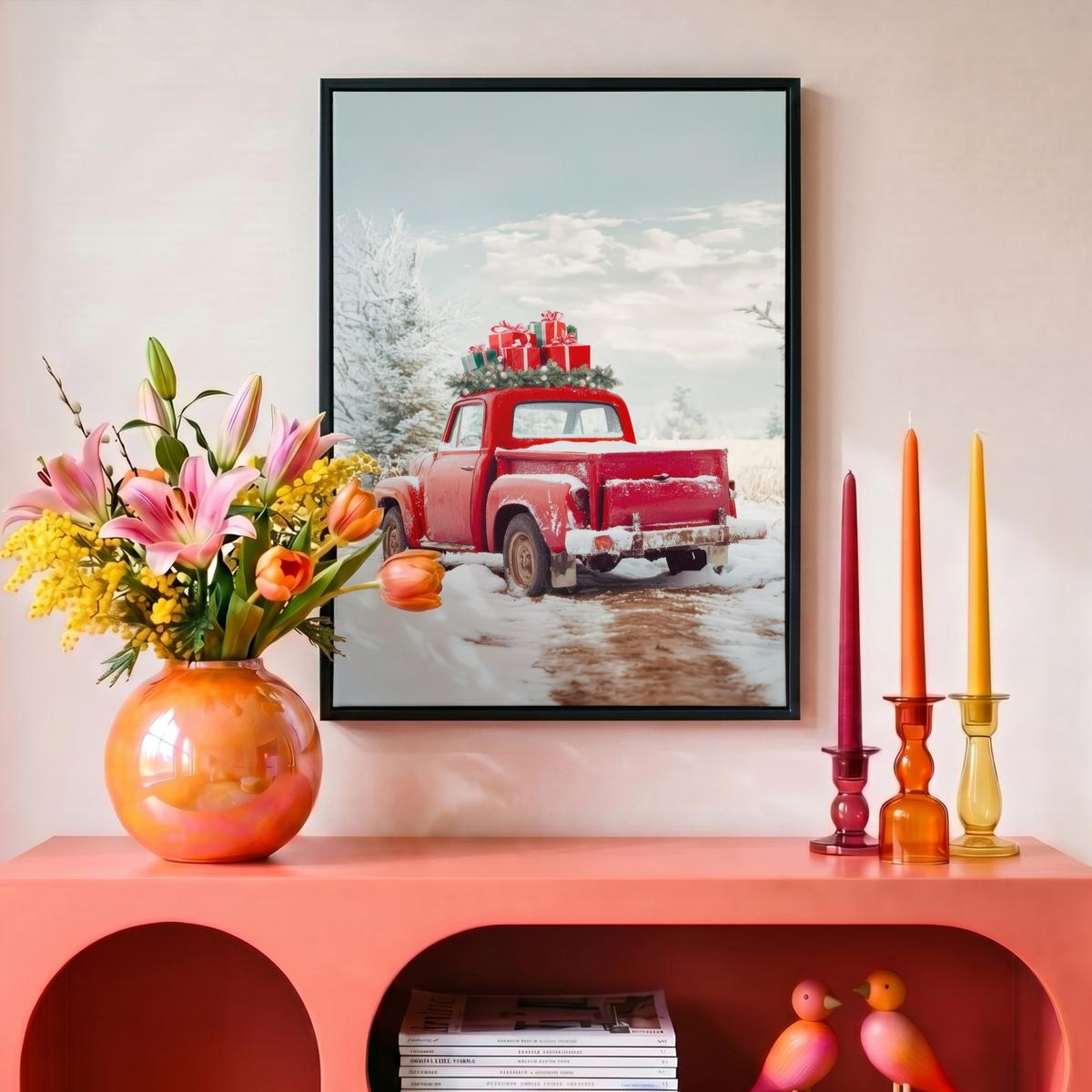LEINWAND Bilder mit Rahmen - Auto - Rot - Geschenke - Winter - Schnee - Weihnachten - 30x40 - Rot, Textil (30/40cm) - MuchoWow