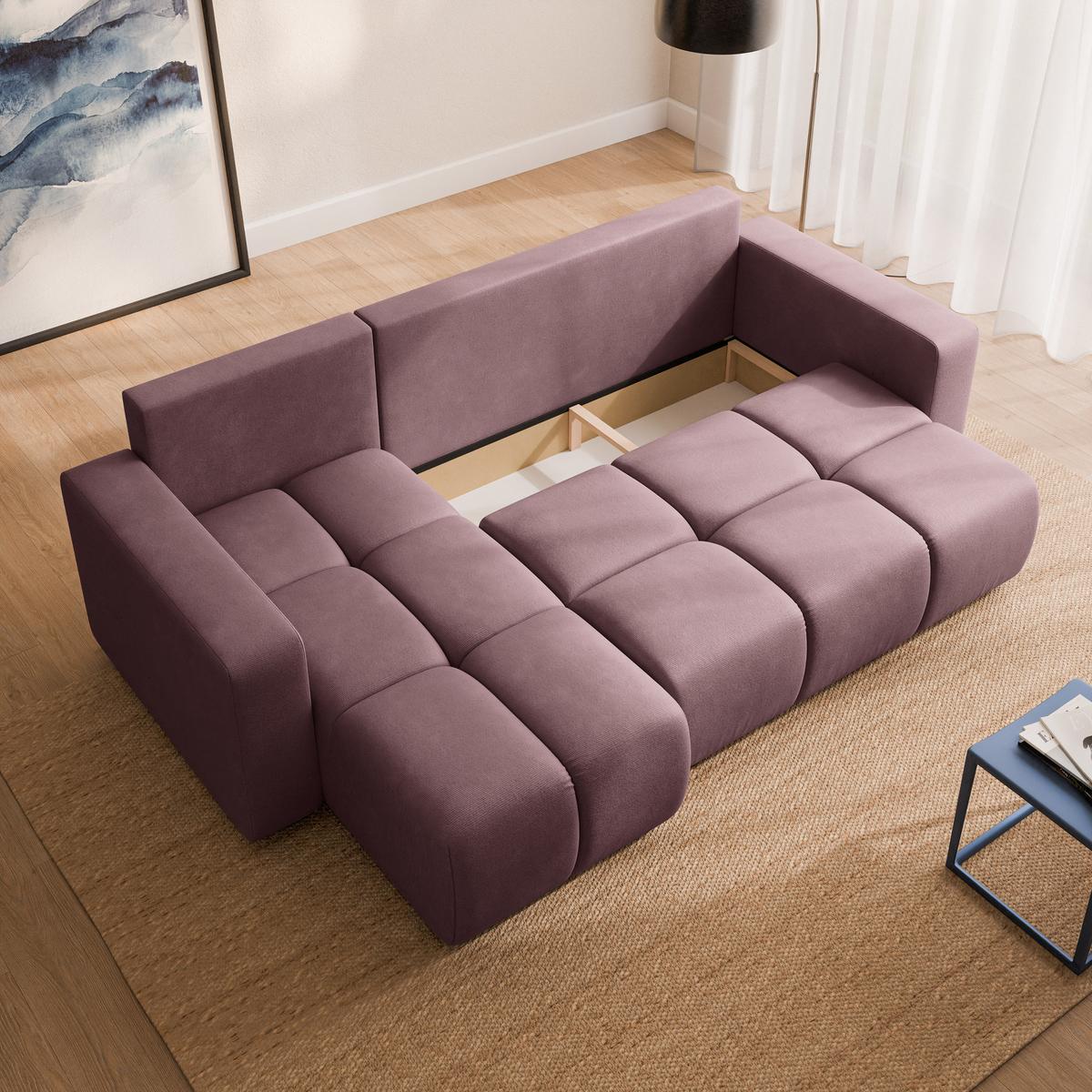 ECKSOFA RAMIL Rosa Plüsch-Stoff mit Schlaffunktion - Rosa, Holz (240/149cm) - MASSENO
