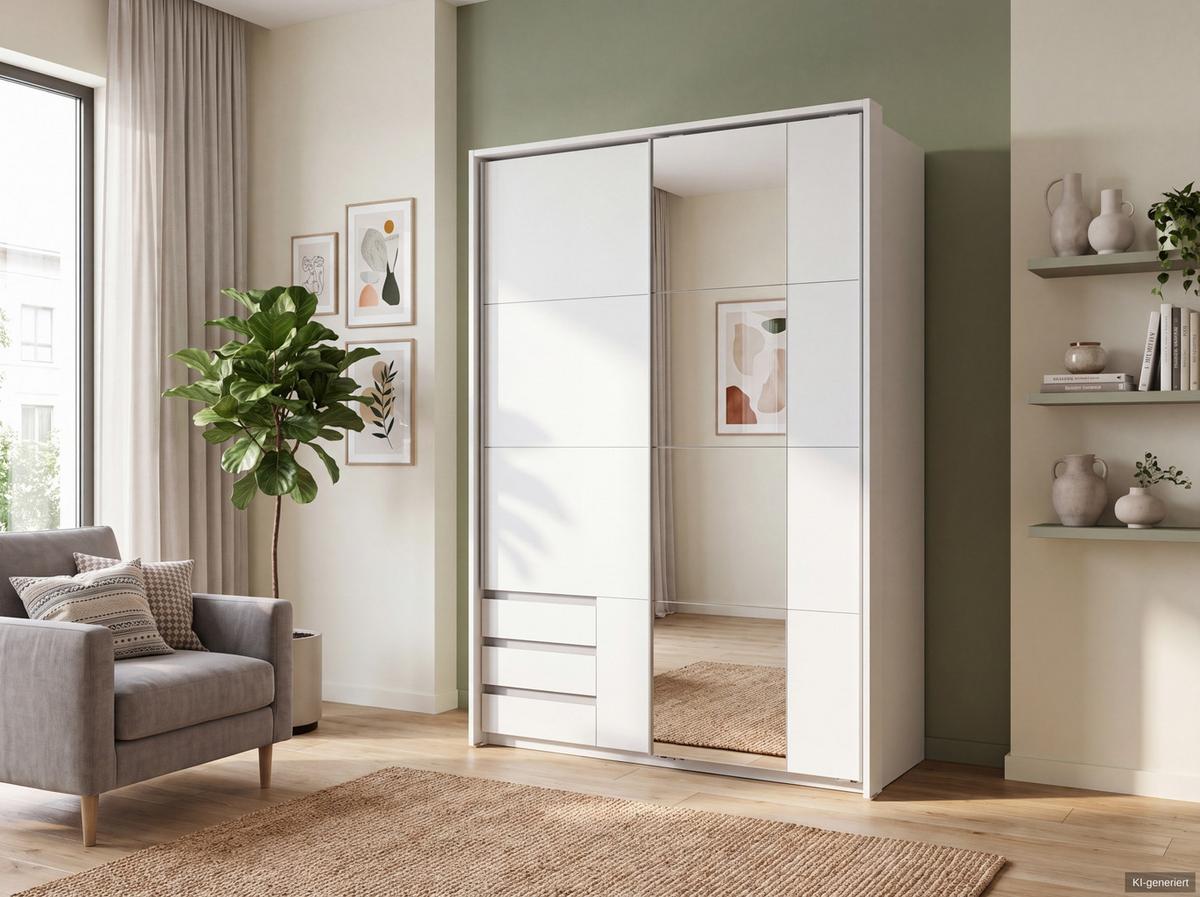 SCHWEBETÜRENSCHRANK 2-türig B138/H200/T65 cm, Passepartout-Kleiderschrank in Weiß mit sichtbaren Schubkästen & Spiegel / 22681 - Alufarben/Weiß, Holz/Holzwerkstoff (138/200/65cm) - luma-home