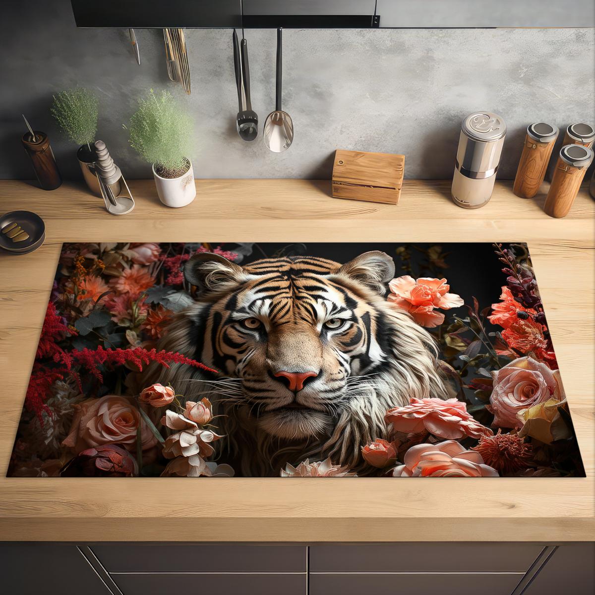 HERDABDECKPLATTE Tiger - Tier - Natur - Floral - Botanisch Induktionsschutz 91.2x52 cm - Orange, Kunststoff (91.2/52/0.2cm) - MuchoWow