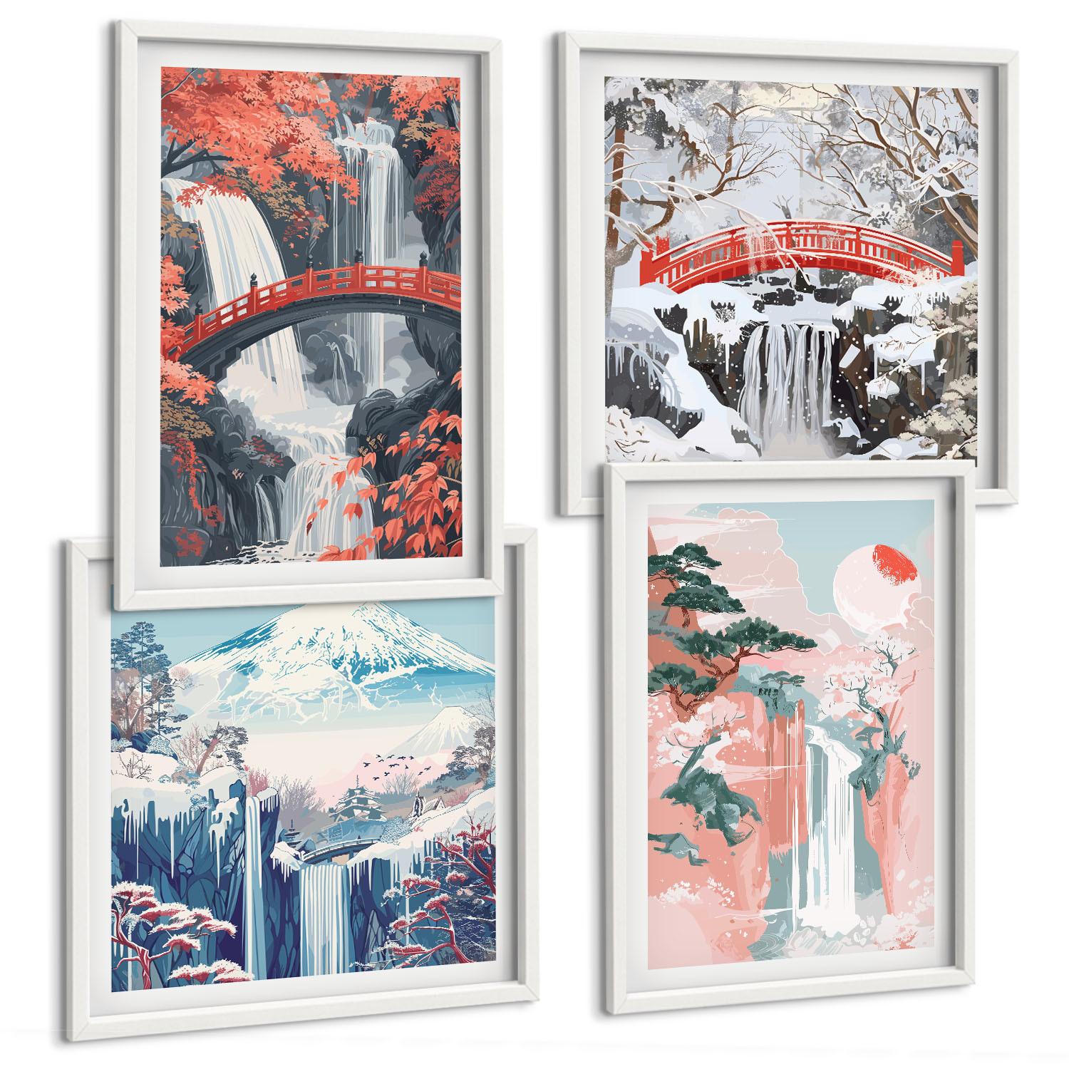BILDER SET 4er Set - 50x50 cm & 40x60 cm Weißer Rahmen - Wasserfälle, Brücken, Bäume, Jahreszeiten - Weiß, Kunststoff (50/50cm) - TULUP