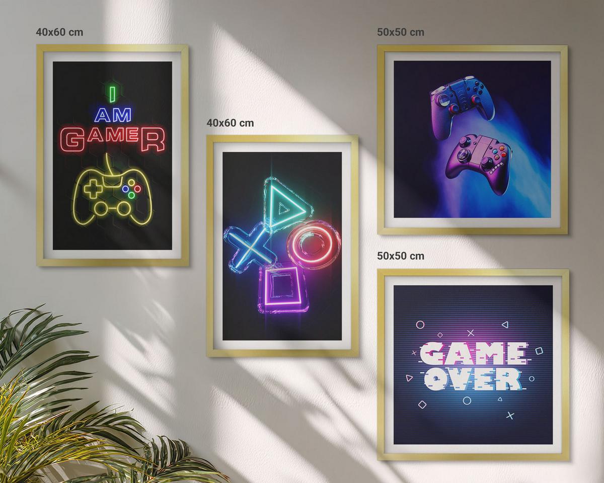 BILDER SET 4er Set - 50x50 cm & 40x60 cm Goldrahmen - Gamepads, Spielersymbol-Untertitel - Goldfarben, Kunststoff (50/50cm) - TULUP