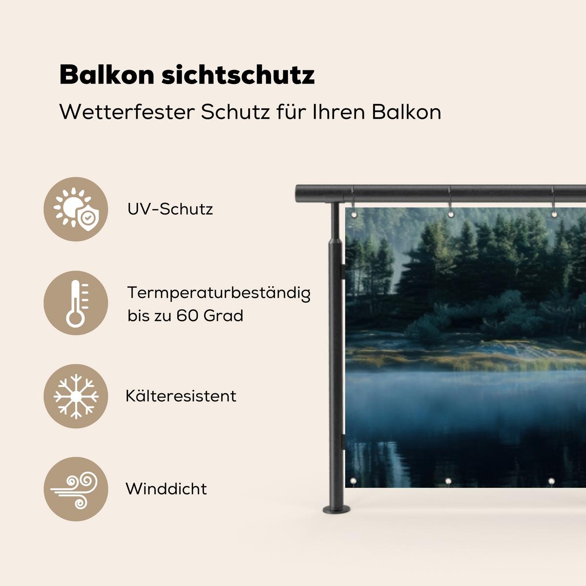 BALKON-SICHTSCHUTZ See - Nebel - Berge - Landschaft Groß 500x90 cm - Hellblau, Kunststoff (500/90cm) - MuchoWow