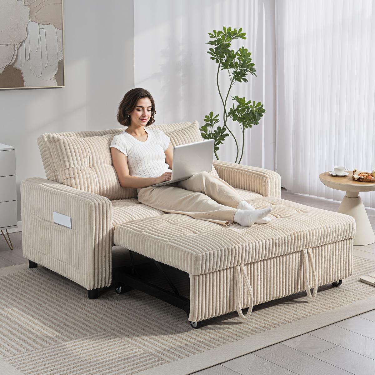 SCHLAFSOFA Polyester Stahl Cremeweiß - Creme/Schwarz, Kunststoff/Textil (90/91/157cm) - HOMCOM