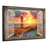 LEINWAND Bilder mit Rahmen - Aussicht - Fenster - Leuchtturm - Sonnenuntergang - Strand - 150x100 - Dunkelorange, Textil (150/100cm) - MuchoWow