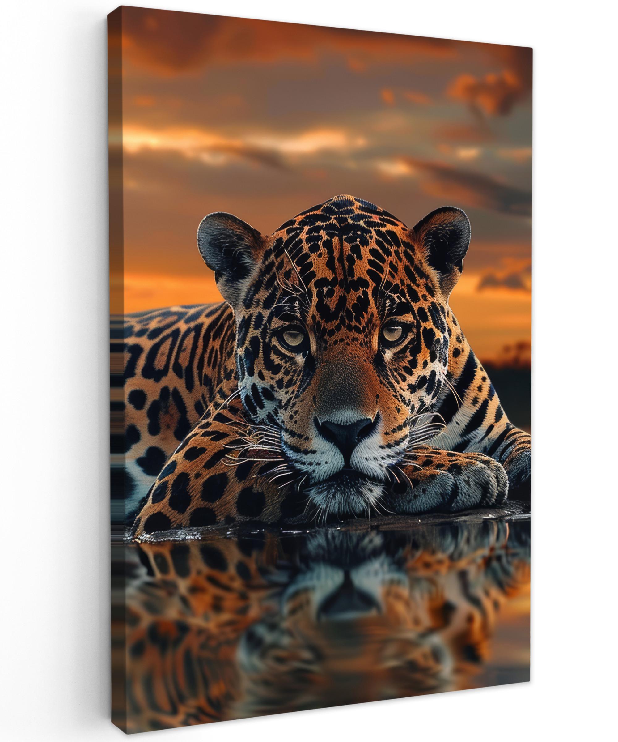 LEINWANDBILD Natur - Leopard - Tier - Sonnenuntergang - Modern Deko XXL 80x120 cm - Orange, Textil (80/120cm) - MuchoWow