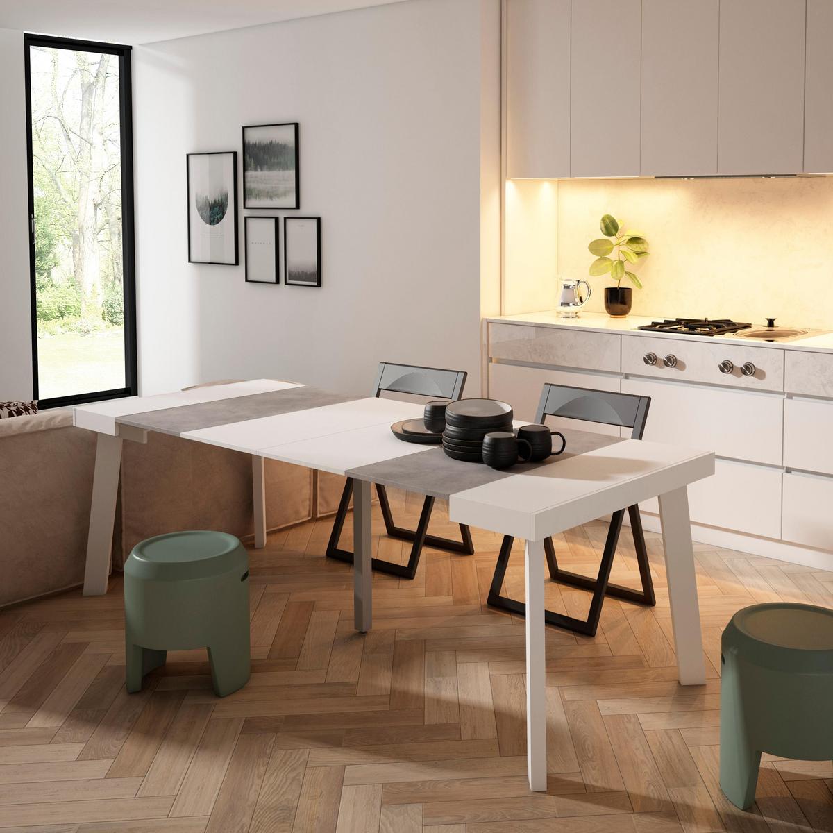 KONSOLENTISCH ausziehbar 58 bis 222cm, für 10 Gäste, weiß zementgrau, 90/58/73cm - Multicolor/Weiß, Holzwerkstoff (90/222/73cm) - Skraut Home