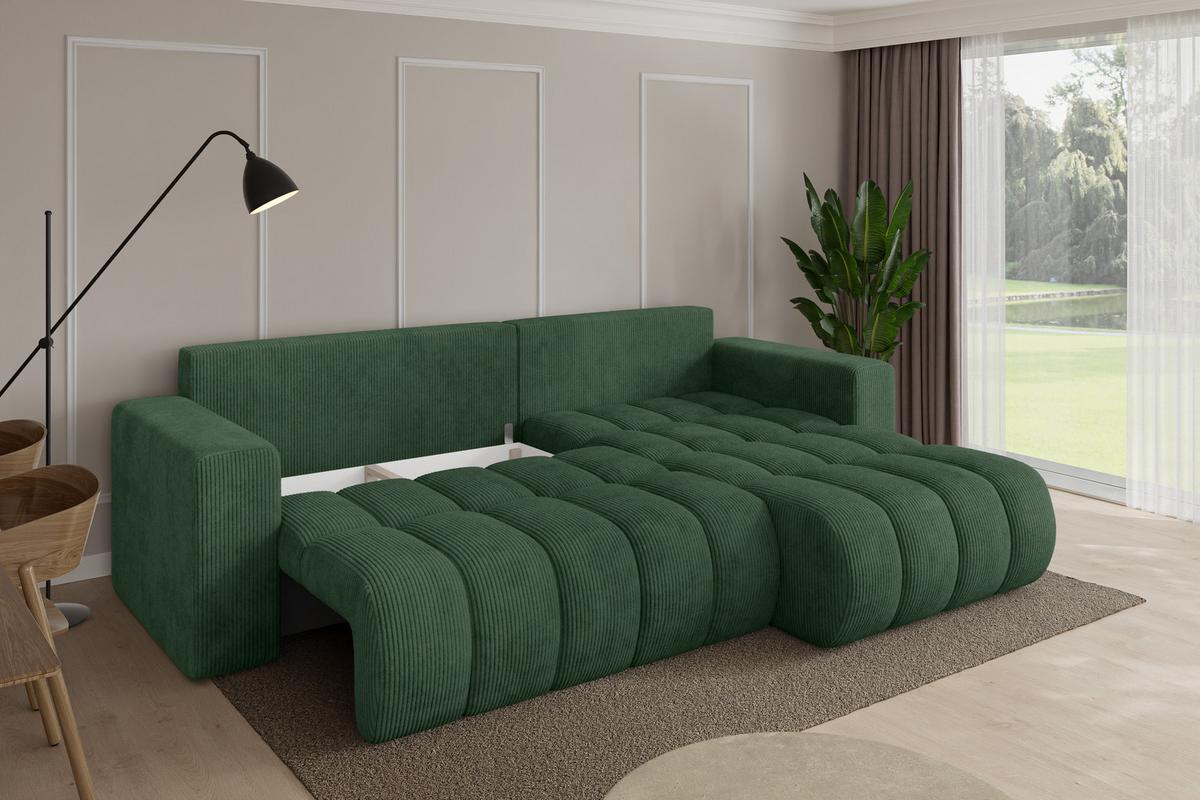 ECKSOFA mit Schlaffunktion Ottomane Rechts MILA-L-v1 277x195x86 Grün Cord - Dunkelgrün/Schwarz, Holzwerkstoff/Kunststoff (277/194cm) - ALTDECOR