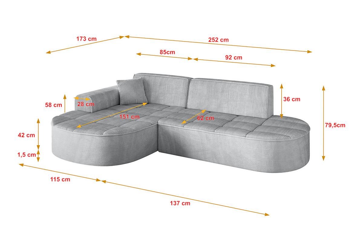 ECKSOFA Ottomane Links LIVO-L1 - 252x173x79,5 cm Grau - Grau, Holzwerkstoff/Textil (252/173cm) - ALTDECOR