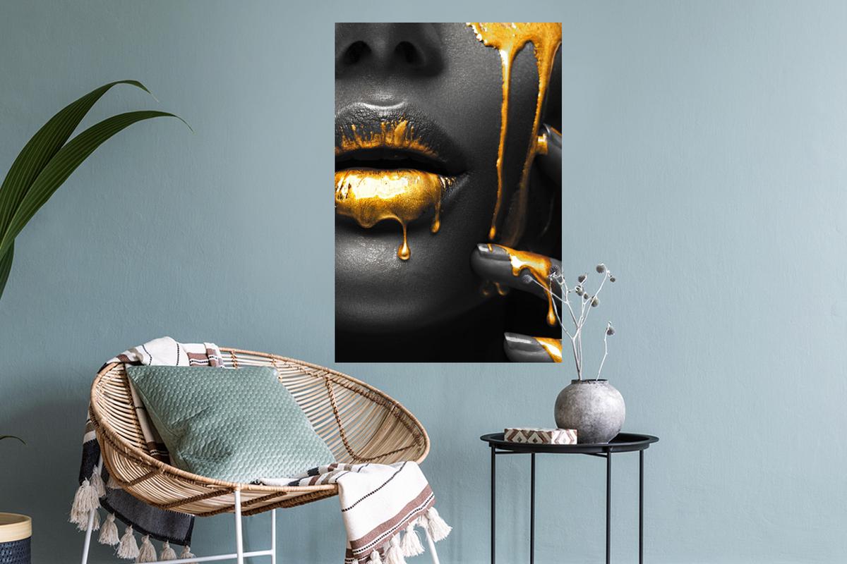 WANDTATTOO Frau - Schwarz - Gold - Gesicht - Lippen Wandbild 40x60 cm - Goldfarben, Kunststoff (40/60/0.1cm) - MuchoWow