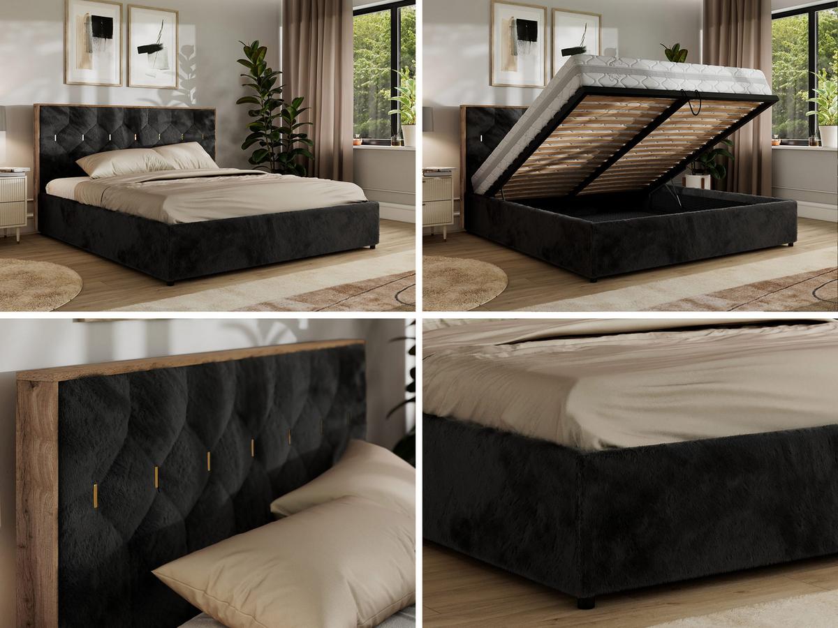 POLSTERBETT LARINO CLASSIC 140/200 - Schwarz Plüsch - Multipocket-Matratze - Schwarz, Textil (140/200cm) - MKS