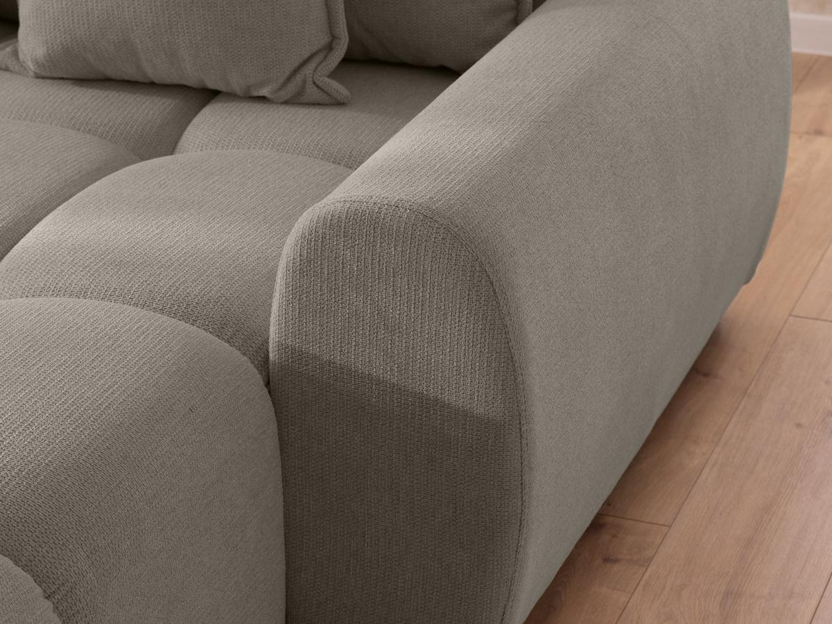 ECKSOFA inkl. Hocker Bubble mit Schlaffunktion und losen Rückenkissen, Sitzfläche Bubble-Optik aus weichem Taupe Strukturstoff - Ottomane Rechts - Taupe/Schwarz, Holz/Kunststoff (306/180cm) - S-Style Möbel