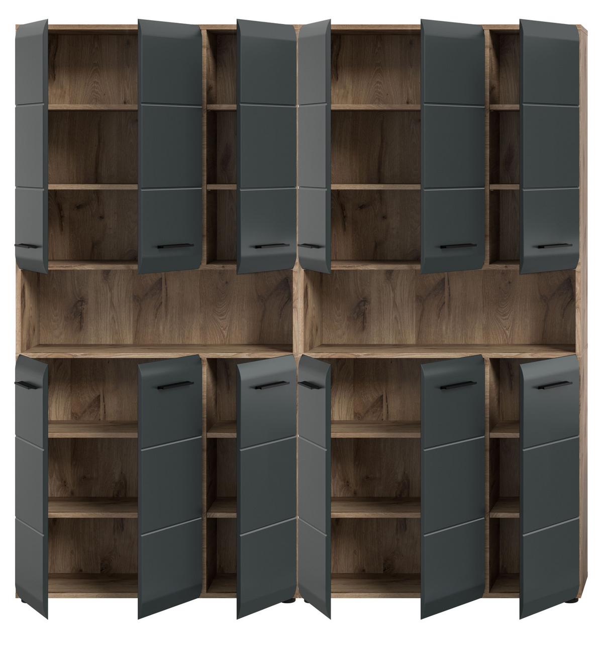 HOCHSCHRANK Badschrank Set Schwarz matt, Eiche 2x Mehrzweckschrank, 12-türig gesamt 180 x 185 cm - Eichefarben/Schwarz, Holzwerkstoff/Kunststoff (180/185/30cm) - Inn.Furn