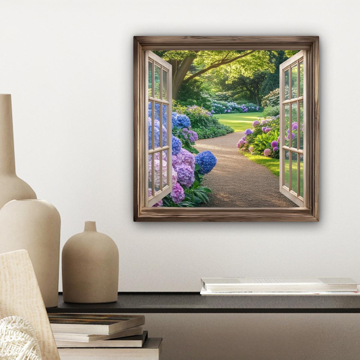 LEINWANDBILD Aussicht - Garten - Fenster - Hortensie - Blumen Deko Wohnzimmer 20x20 cm - Pastellblau, Textil (20/20cm) - MuchoWow
