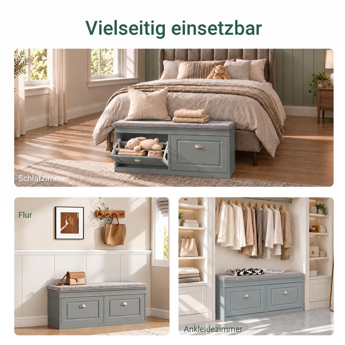SCHUHBANK, Grau, 104 cm breit, gepolsterte Sitzfläche, 2 Klappen für 8 Paar, bis 150 kg, für Flur & Diele - Hellgrau, Holzwerkstoff (104/52/24cm) - SoBuy