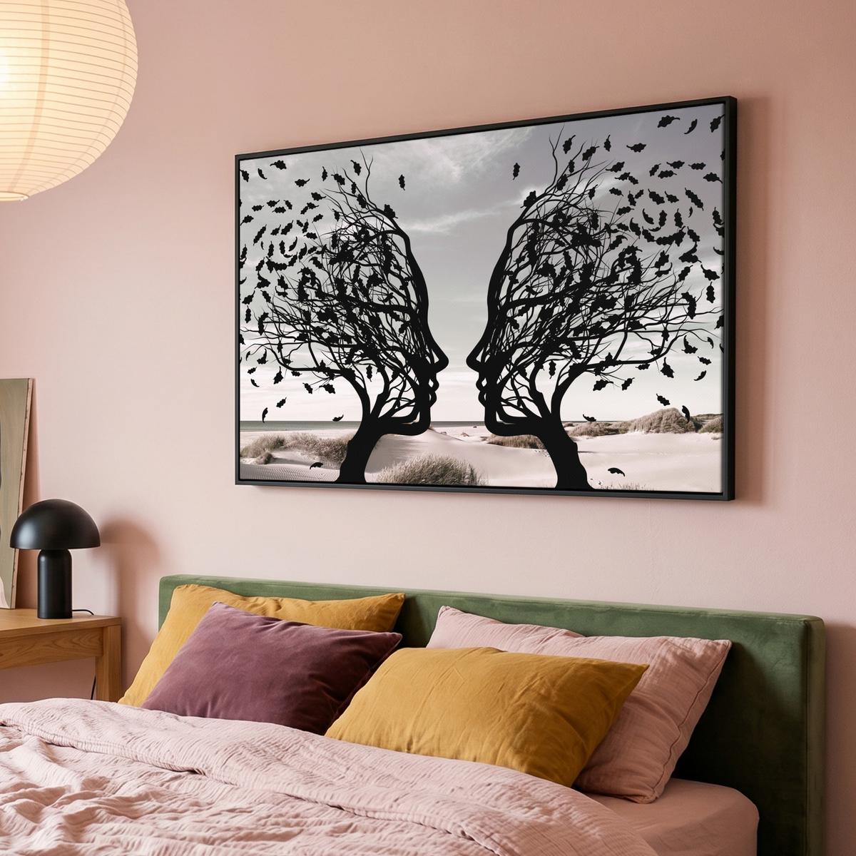 LEINWAND Bilder mit Rahmen - Strand - Meer - Menschen - Baum - Moderne Kunst - 140x90 - Hellgrau, Textil (140/90cm) - MuchoWow