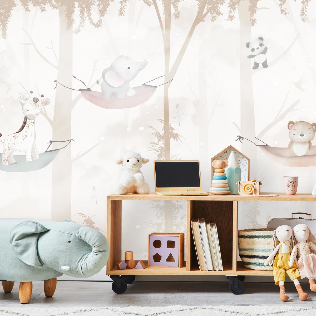 FOTOTAPETE für Kinderzimmer Tiere Hängematten WALD Elefant Giraffe 400x280 - Beige/Schwarz, Papier (400/280cm) - Muralo