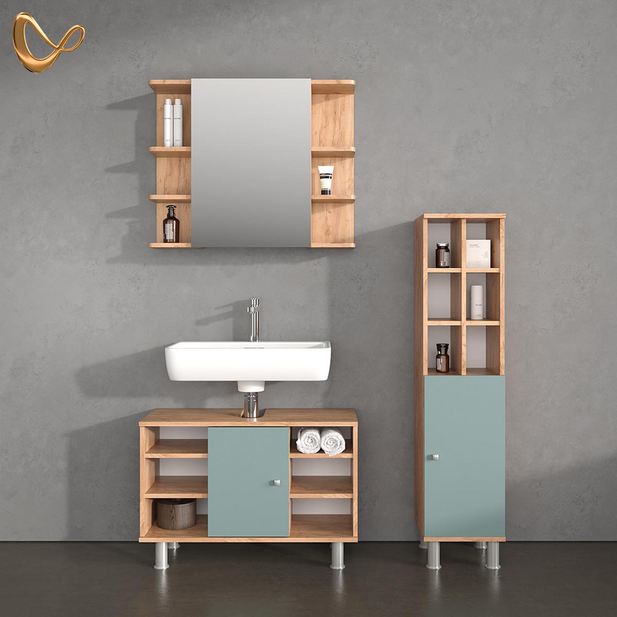 BADMÖBEL-SET Fucino Grün 3 Teile, mit Midischrank Tür groß - Grün, Holzwerkstoff (80/54/32cm) - Livinity®