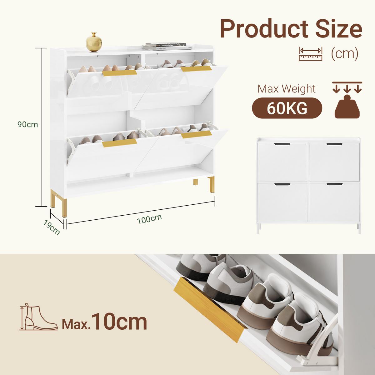 SCHUHSCHRANK weiß hochglanz, 100 x 88 x 19 cm, 4 Klappen für ca. 8 Paare bis EU 46, goldene Griffe und Füße - Weiß, Holzwerkstoff (100/90/19cm) - SoBuy