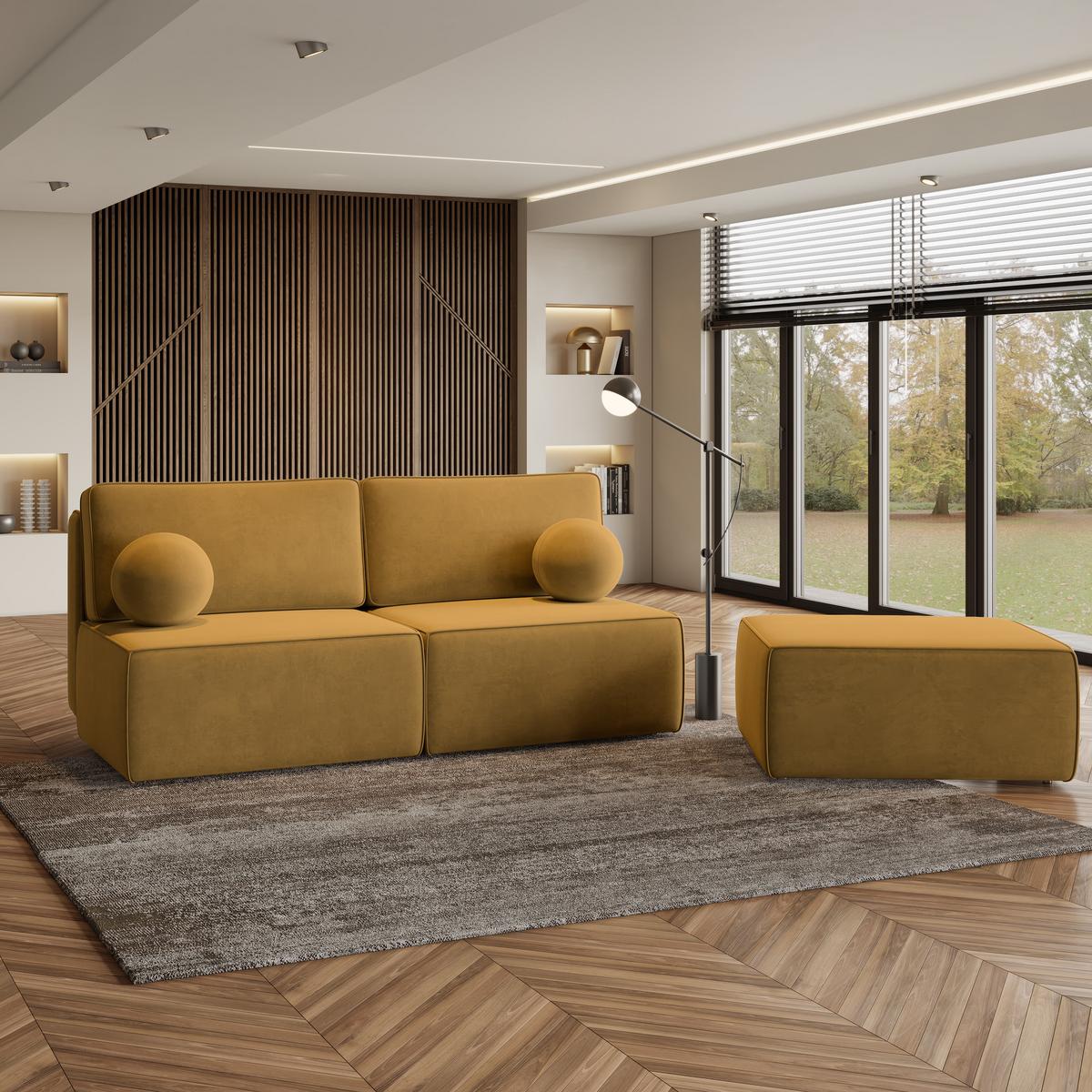 ECKSOFA VARNA M Gelb Velours-Stoff mit Schlaffunktion - Gelb/Grau, Holz/Kunststoff (196/158cm) - MASSENO