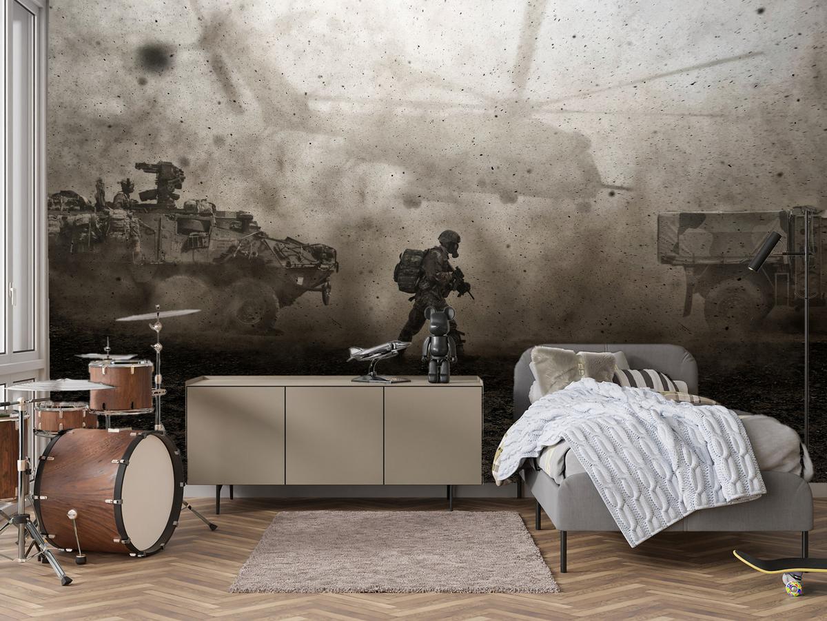 FOTOTAPETE für Jugendzimmer Wüste Militär Hubschrauber Panzer 150x105 - Beige/Schwarz, Papier (150/105cm) - Muralo