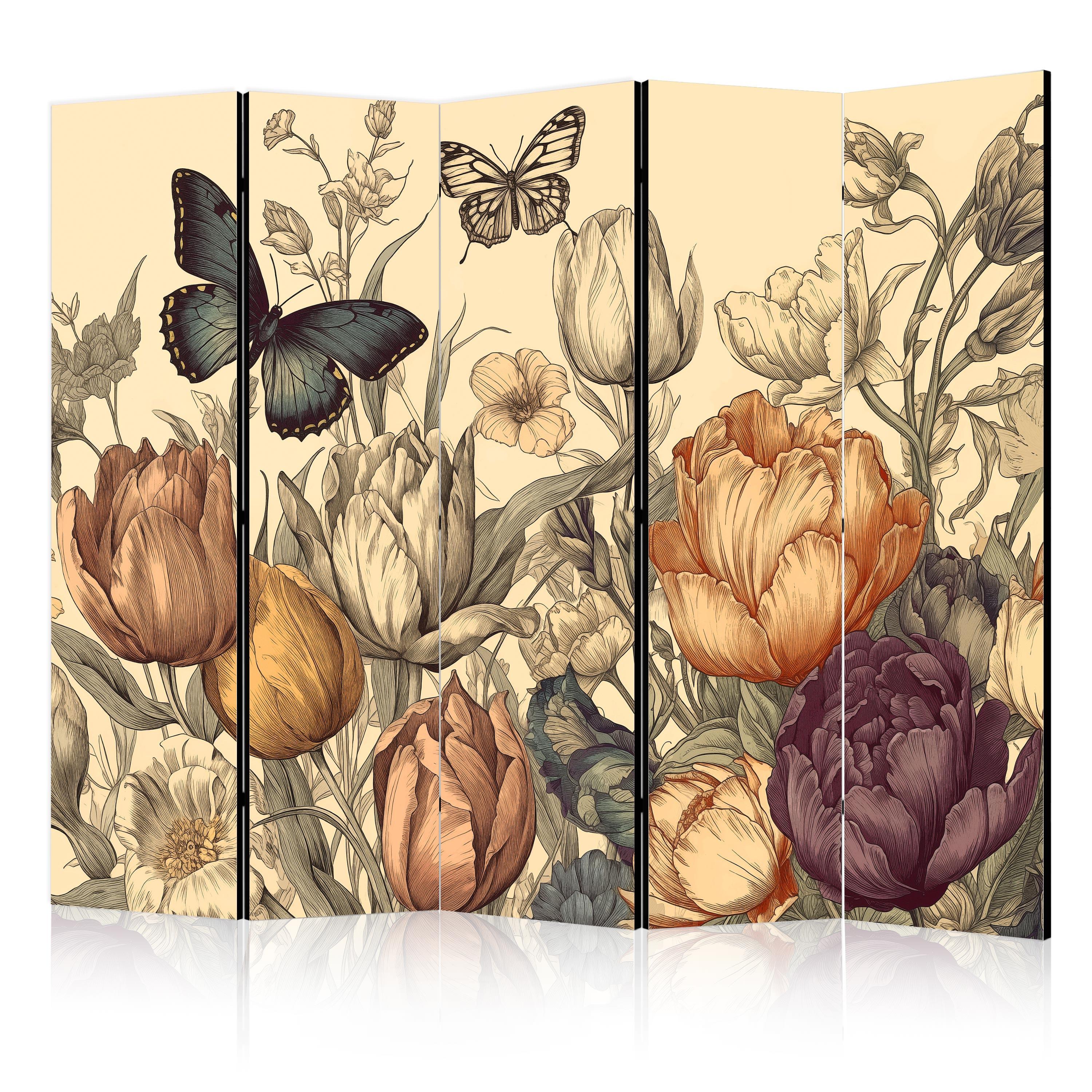 PARAVENT 5-tlg 225x172 cm Tulpen im Retro - Multicolor, Holz/Textil (225/172/3cm) - Muralo