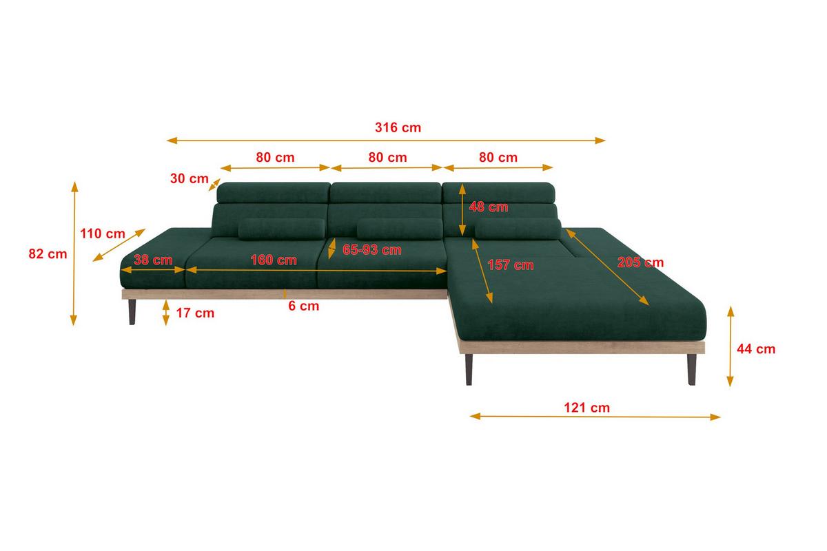 ELEKTRISCHES ECKSOFA Rechts MONA 316x205x85 Grün Velours - Dunkelgrün/Grün, Holzwerkstoff/Textil (316/205cm) - ALTDECOR