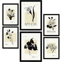POSTER Set Mit 6 In Schwarzer Tinte Tropische Orchideen A3 & A4 Schwarzer Rahmen - Schwarz, Papier (29/3cm) - Nacnic