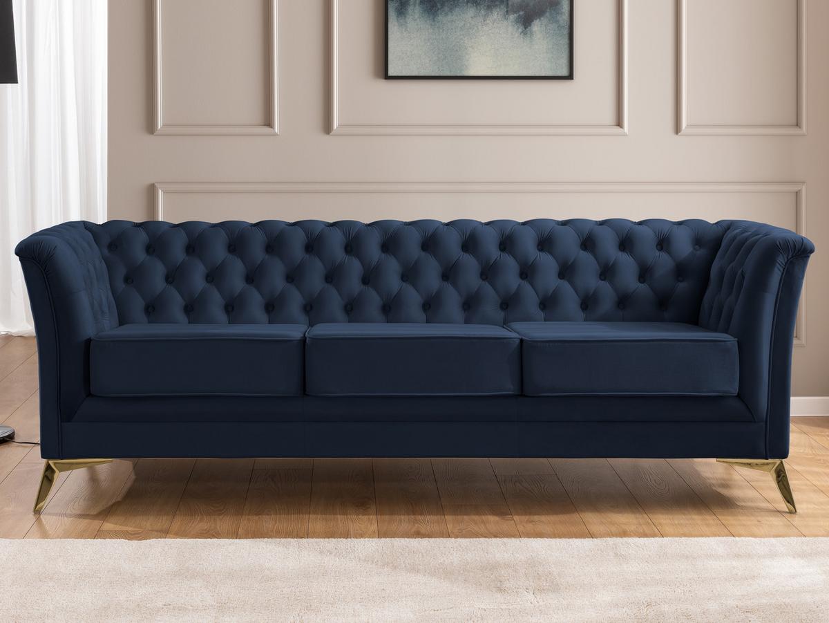 CHESTERFIELD-SOFA 3-sitzer Whitby Marineblau Samt mit goldenen Füßen - Goldfarben/Dunkelblau, Holz/Textil (237/78/82cm) - S-Style Möbel