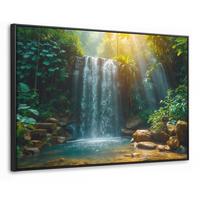 LEINWAND Bilder mit Rahmen - Wasserfall - Dschungel - Sonne - Grün - Natur - 120x80 - Grün, Textil (120/80cm) - MuchoWow