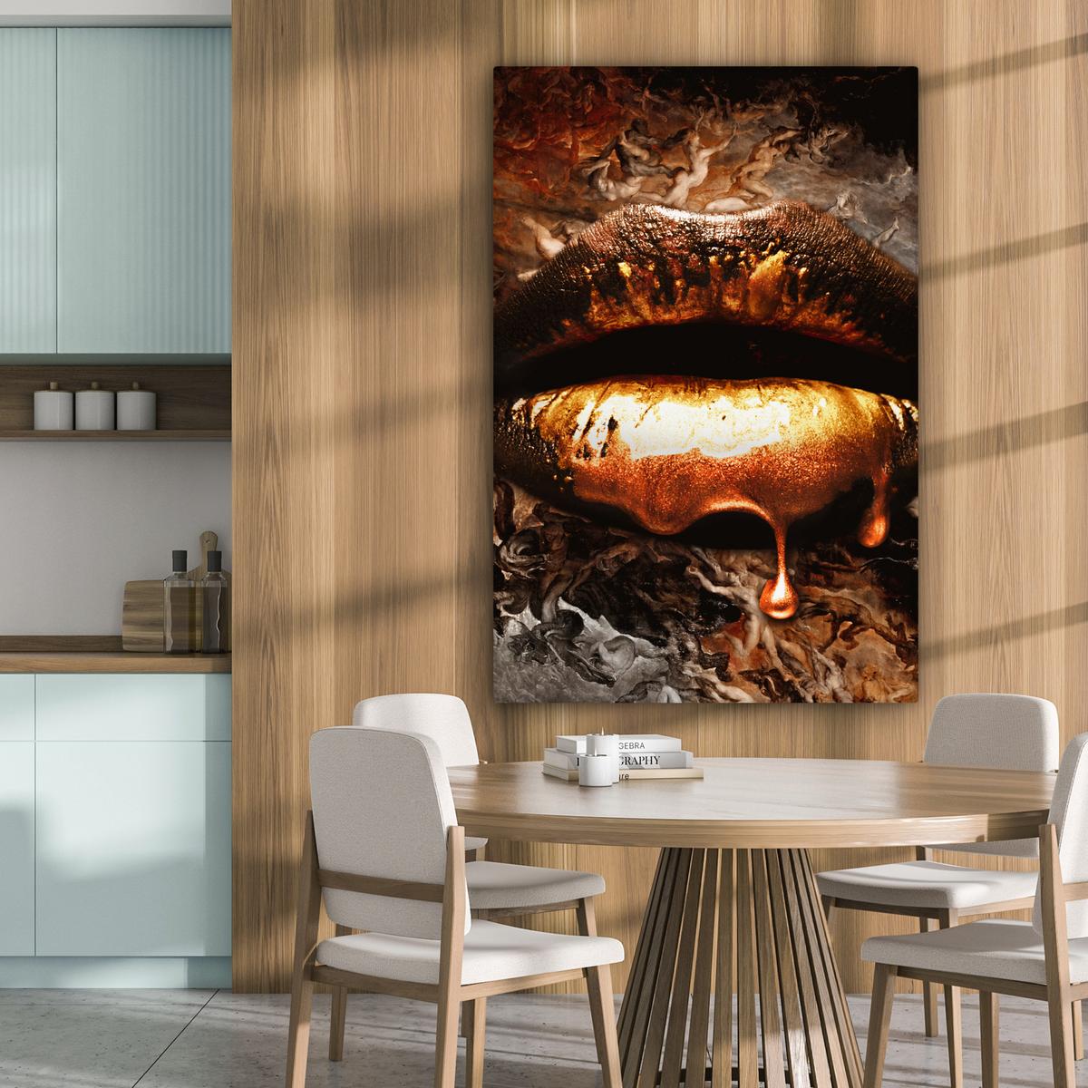 LEINWANDBILD Gold - Lippen - Kunst - Gold - Luxus - Abstrakt Deko XXL 80x120 cm - Kupferfarben, Textil (80/120cm) - MuchoWow