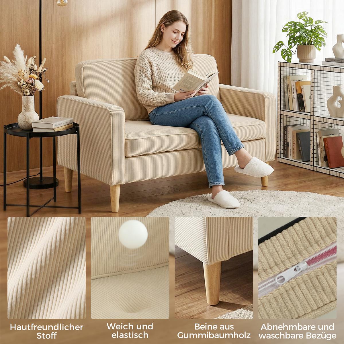 2-SITZER-SOFA Polyester Beige - Beige/Naturfarben, Holz/Textil (63/79/117cm) - HOMCOM