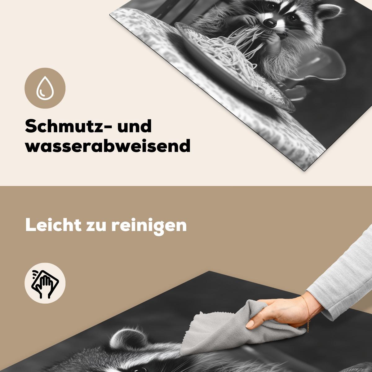HERDABDECKPLATTE Waschbär - Niedlich - Pasta - Tischtuch - Schwarz - Weiß Ceranfeldabdeckung 76x51.5 cm - Grau, Kunststoff (76/51.5/0.2cm) - MuchoWow