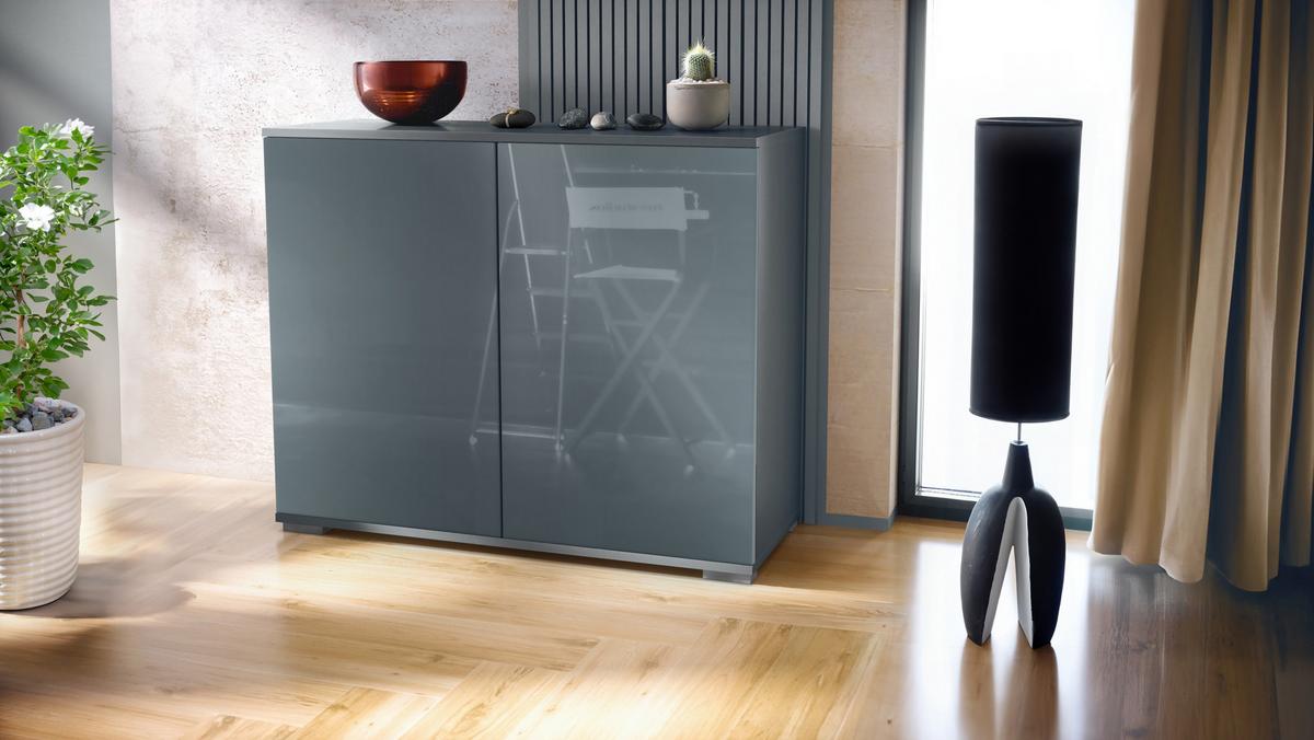 KOMMODE Skadu Grau Hochglanz - Grau, Holzwerkstoff (92.5/75.5/35cm) - Vladon