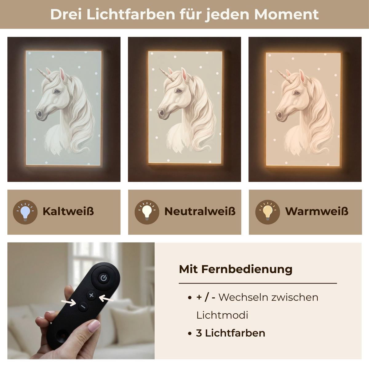 WANDLEUCHTE MIT AKKU Einhorn - Weiß - Punkte 70x100 cm - Taupe, Holzwerkstoff (70/100/8cm) - OnlyWow